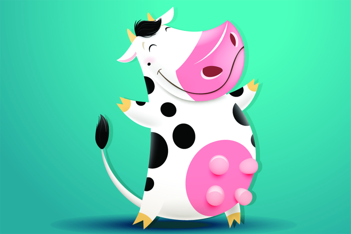 Illustration of a happy, dancing cow.