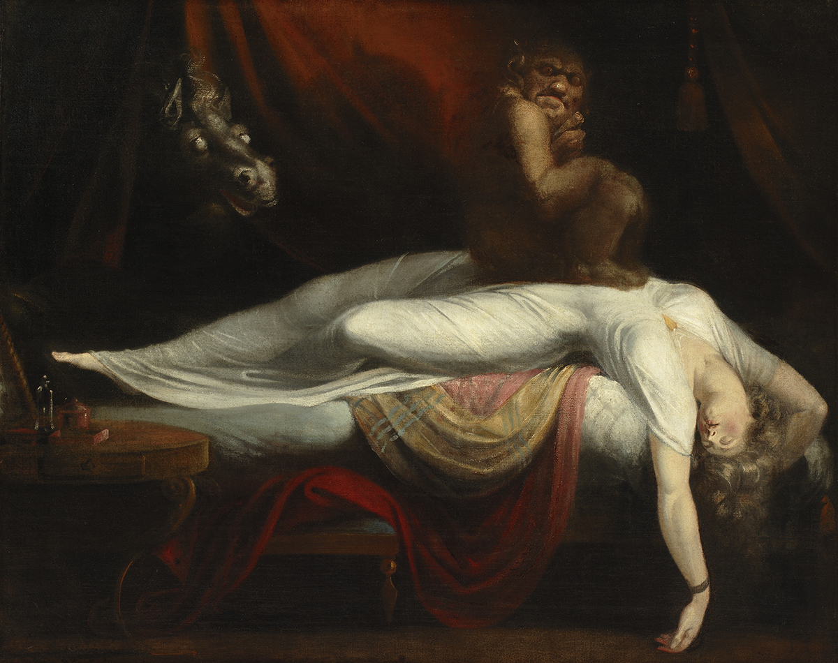 The Nightmare, a painting from 1781 by Henry Fuseli, of a sleeping woman in the throes of a nightmare with a ghoul on her chest and a wild-eyed horse behind her. 