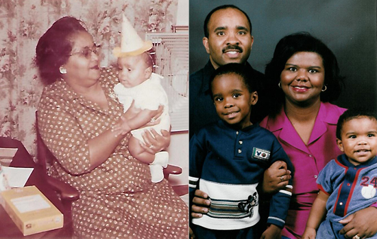 Eric Dunlap as a baby with his grandmother and Eric with his family
