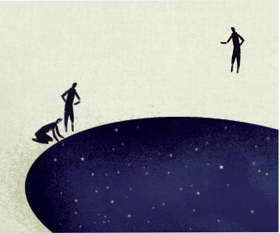 an illustration of 2 figures peering into a hole containing the cosmos
