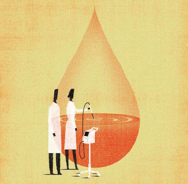 an abstract illustration involving researchers interacting with a large drop of blood