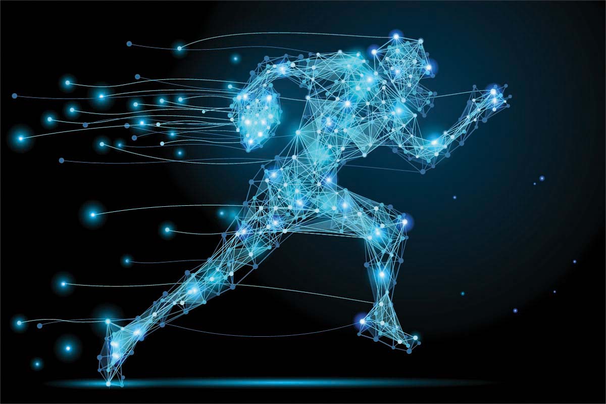 an illustration of a football player running defined only by vector lines and points of light where those lines intersect
