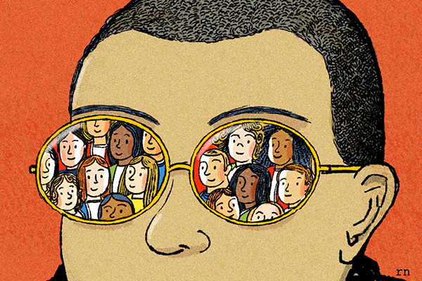 Illustration of a man's face with diverse people reflected in the glasses lenses.