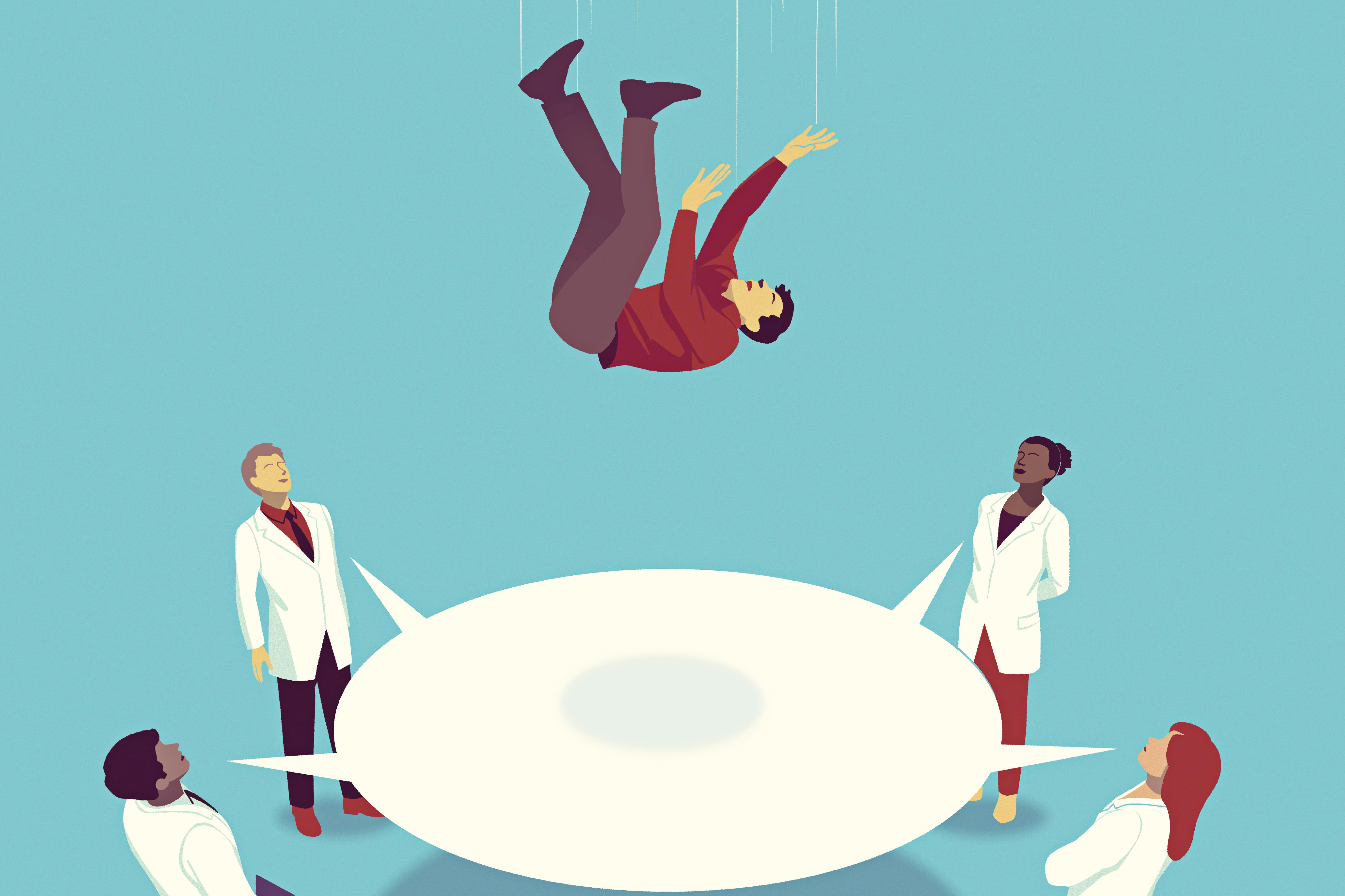 an abstract illustration of a man falling into a safety net