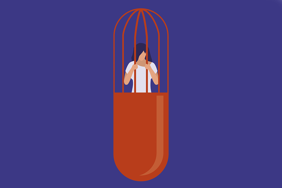 Illustration of a person in a jail shaped like a pill capsule