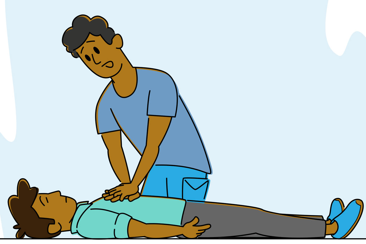 illustration showing the steps of CPR: Call in the Emergency, Lift Chin and Check Breathing, perform rescue breaths, perform CPR compressions