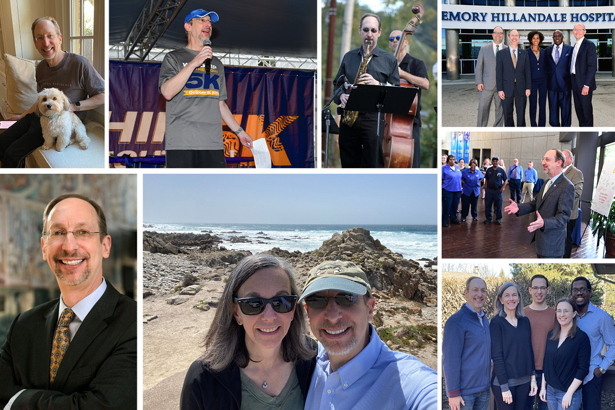 A collage of images of John Lewin at work, with family, with a dog, and speaking at a meeting.