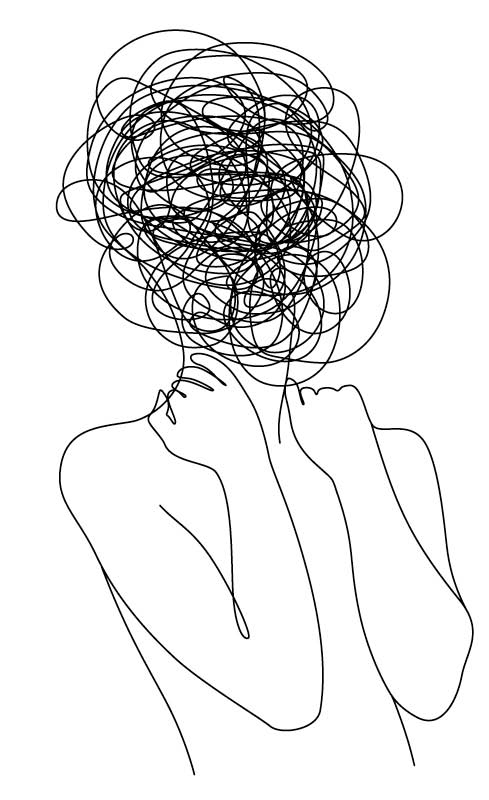 Illustration of a migraine - woman with scribbles in her head