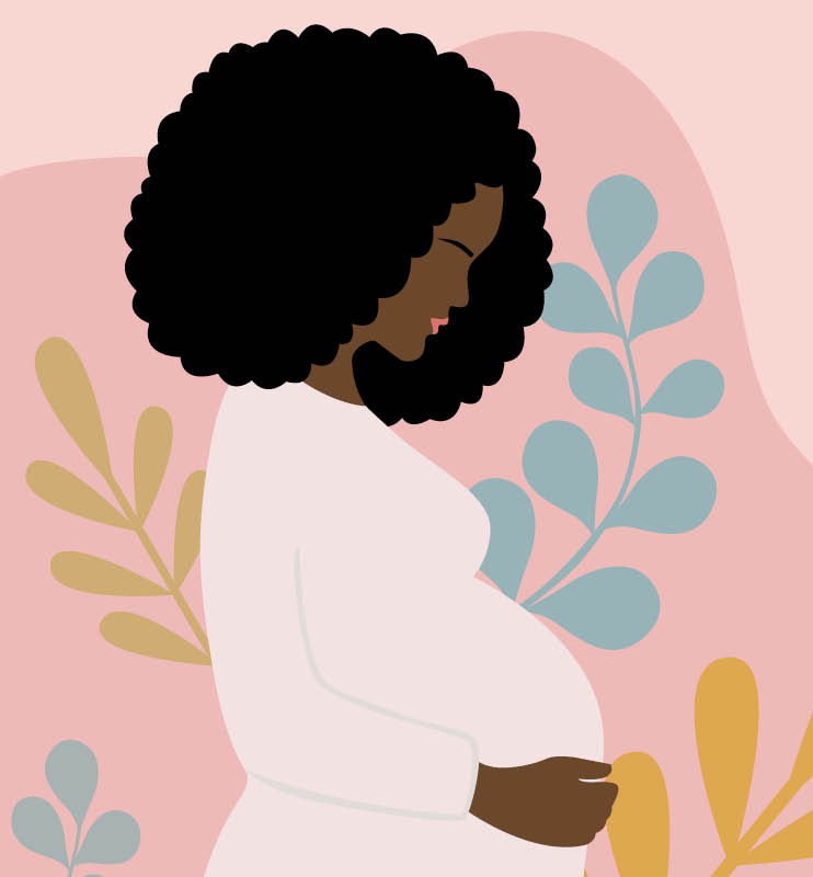 illustration of a pregnant woman with curly hair in side profile with pink and floral background