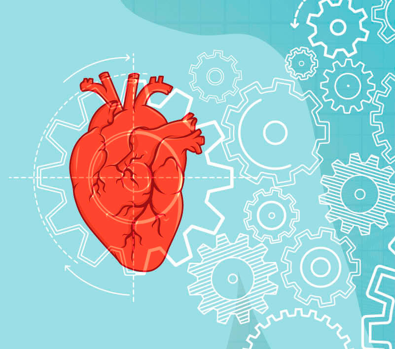 Illustration of an anatomically correct hear with gears behind it