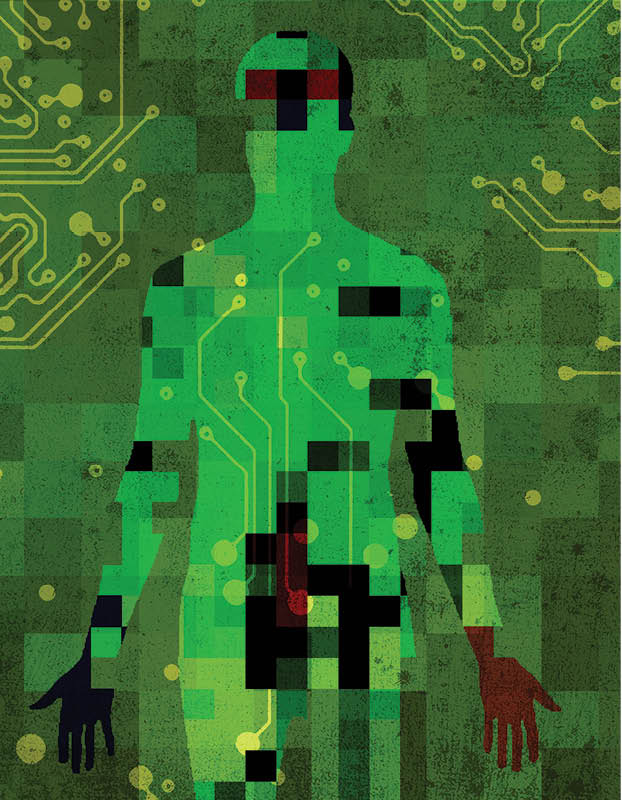 Illustration of a scan of a body with motherboards and other details to represent the artificial intelligence