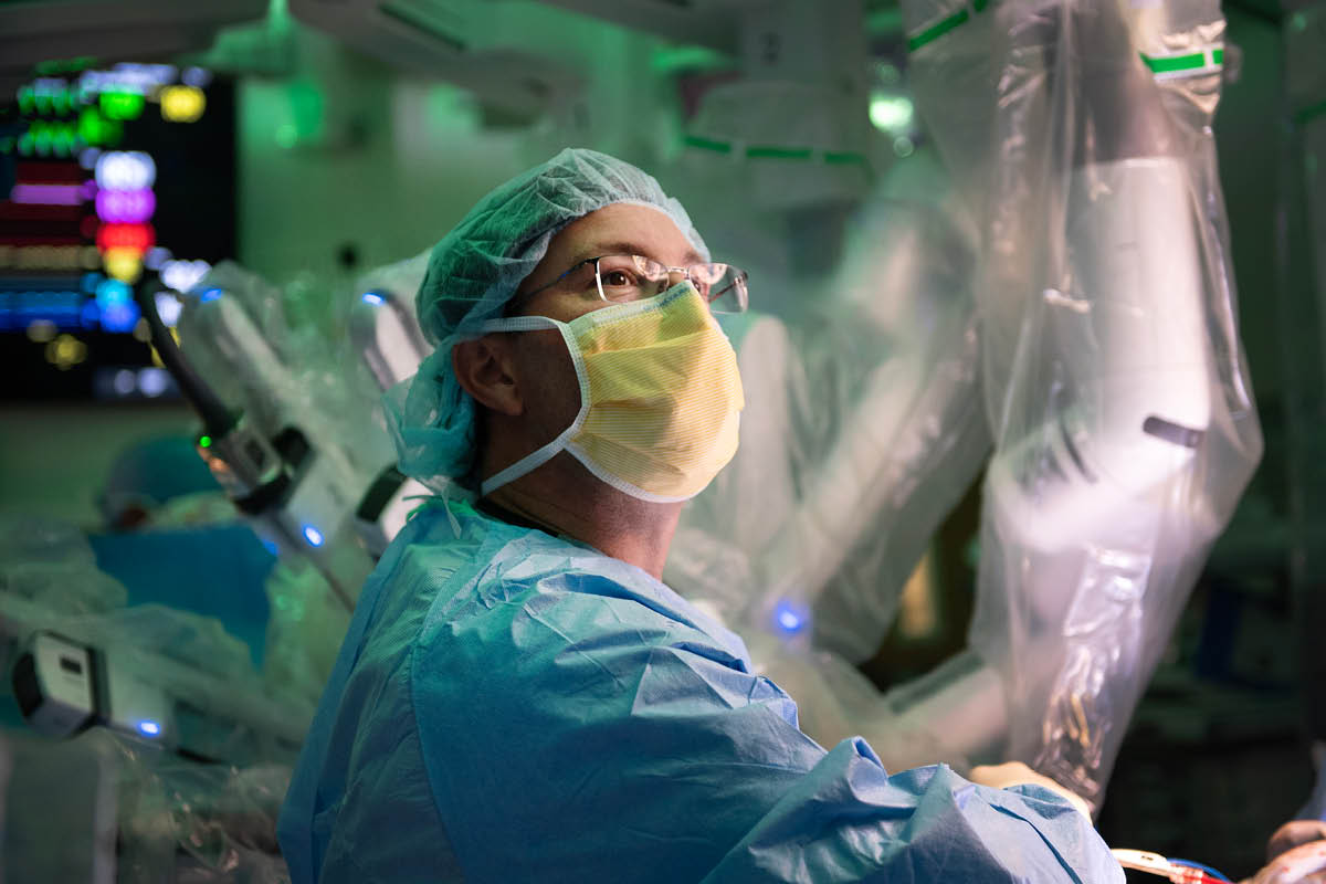 Michael Halkos, chief of cardiothoracic surgery, checks his progress during a surgery at Emory Saint Joseph’s Hospital