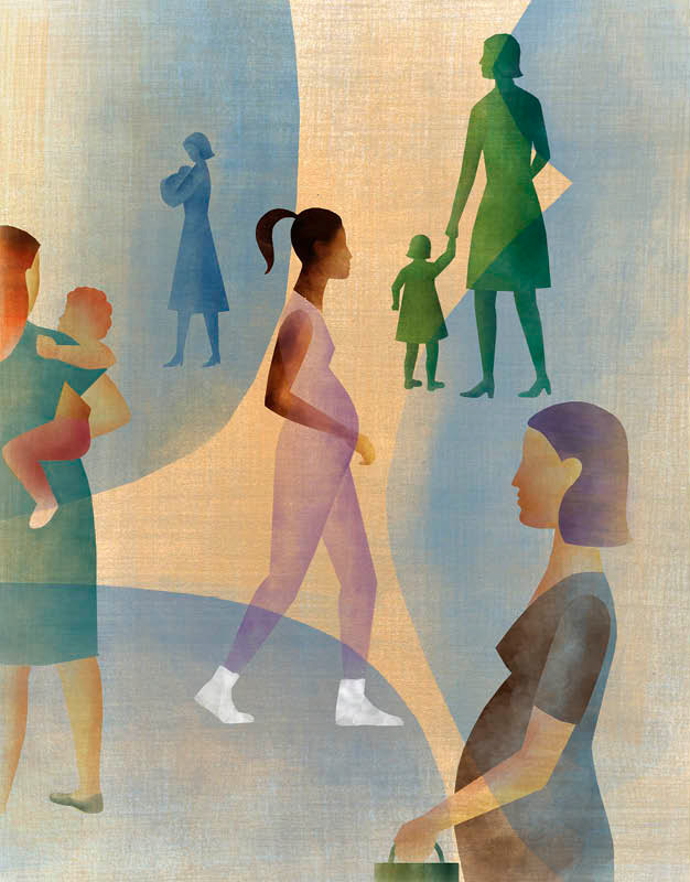 Illustration of mothers walking with children and pregnant women