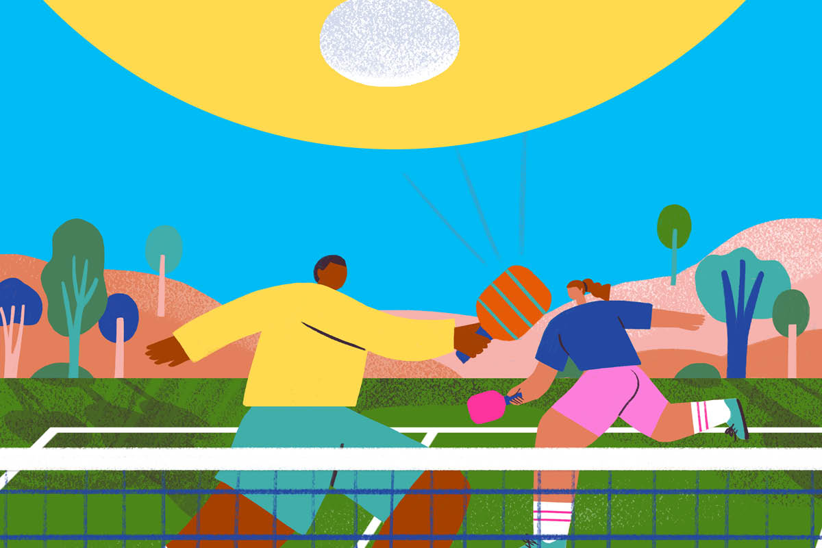 Vibrant illustration of of two people playing pickleball outside.