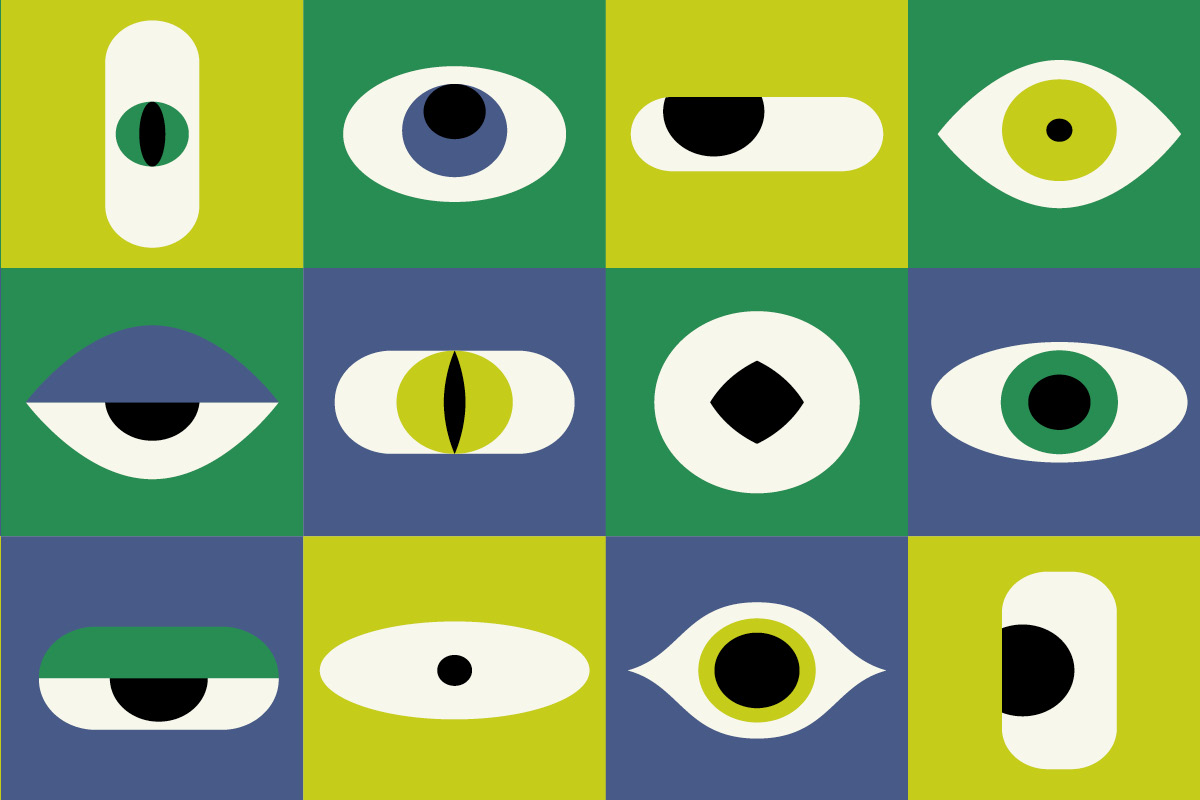 illustration of a bunch of eyes in different squares in blues and greens
